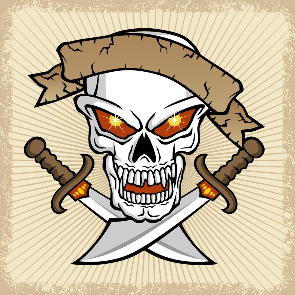 vector illustration of skull with ribbon and twin swords on grunge frame border