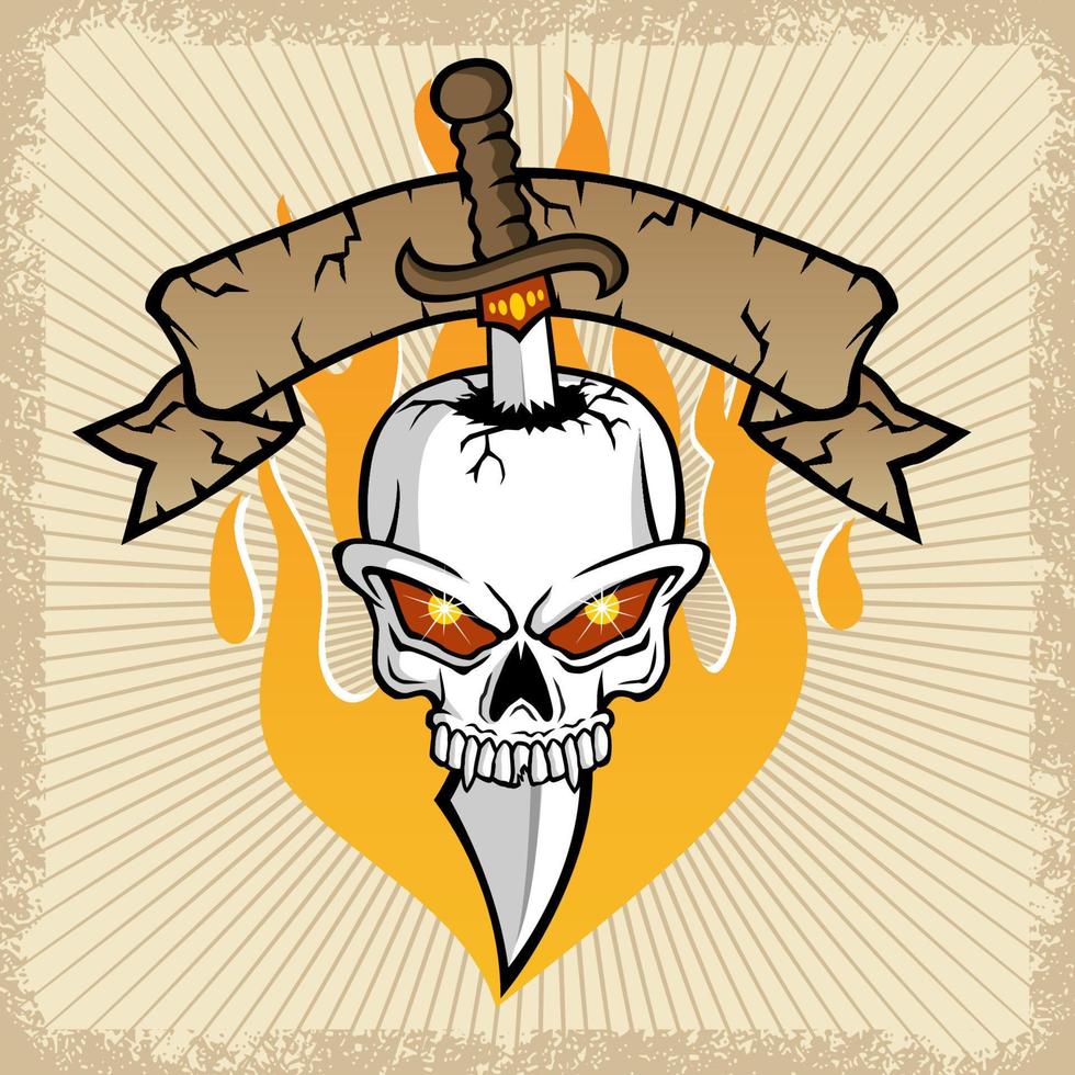 vector illustration of sword pierces the skull with ribbon and flame in grunge frame border