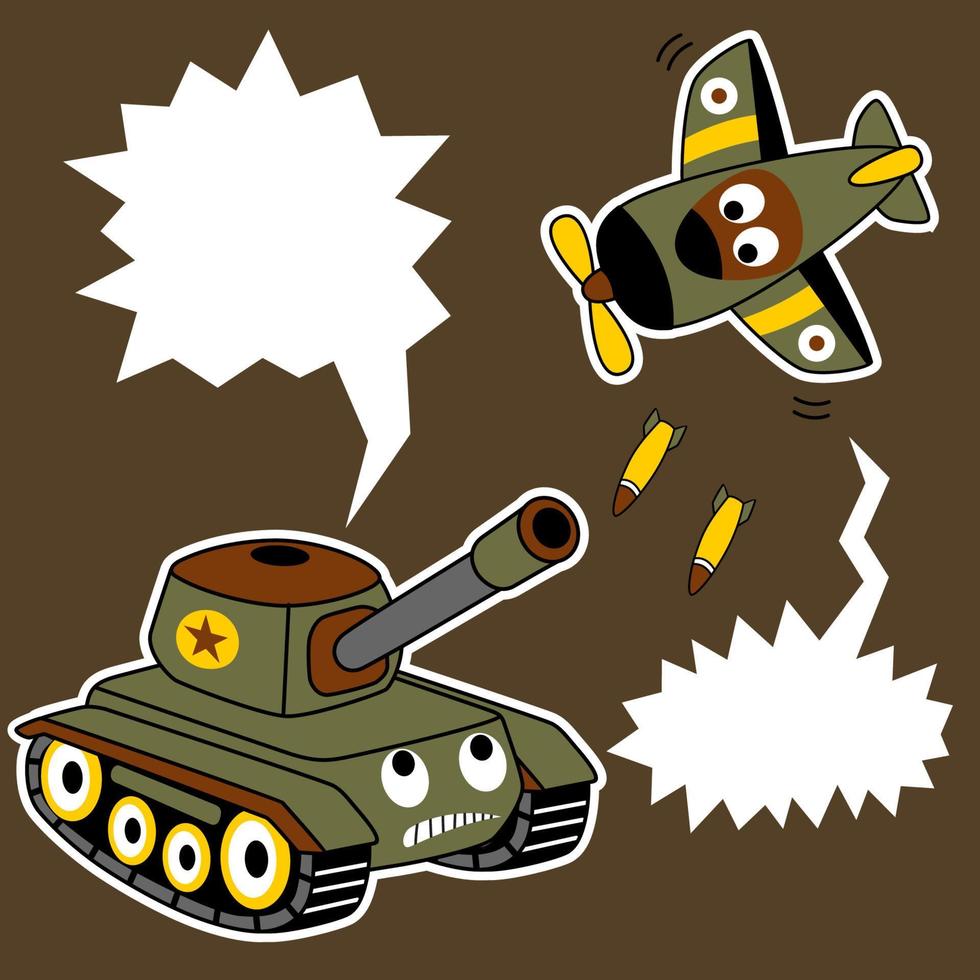 battle of tank vs fighter jet, vector cartoon illustration