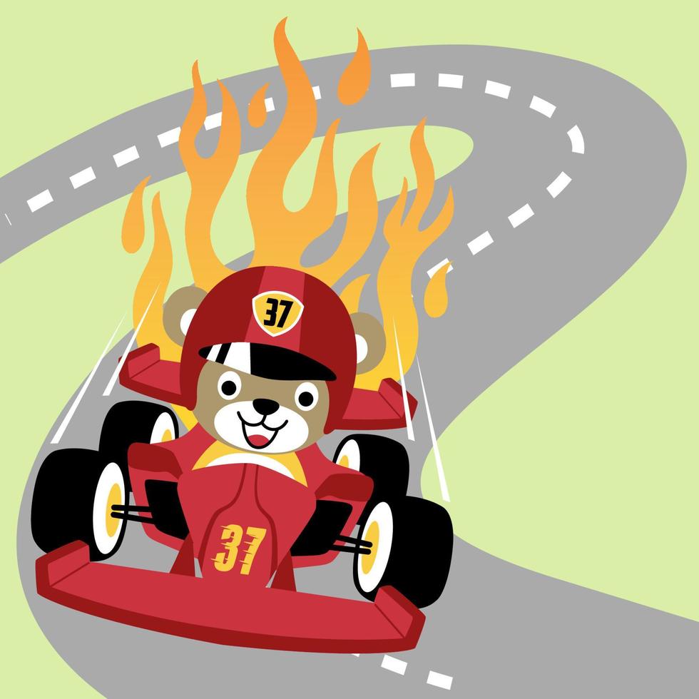 Cute bear in formula one racing, vector cartoon illustration