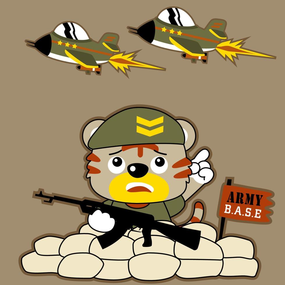 funny cat soldier holding weapon with flying fighter jet, vector cartoon