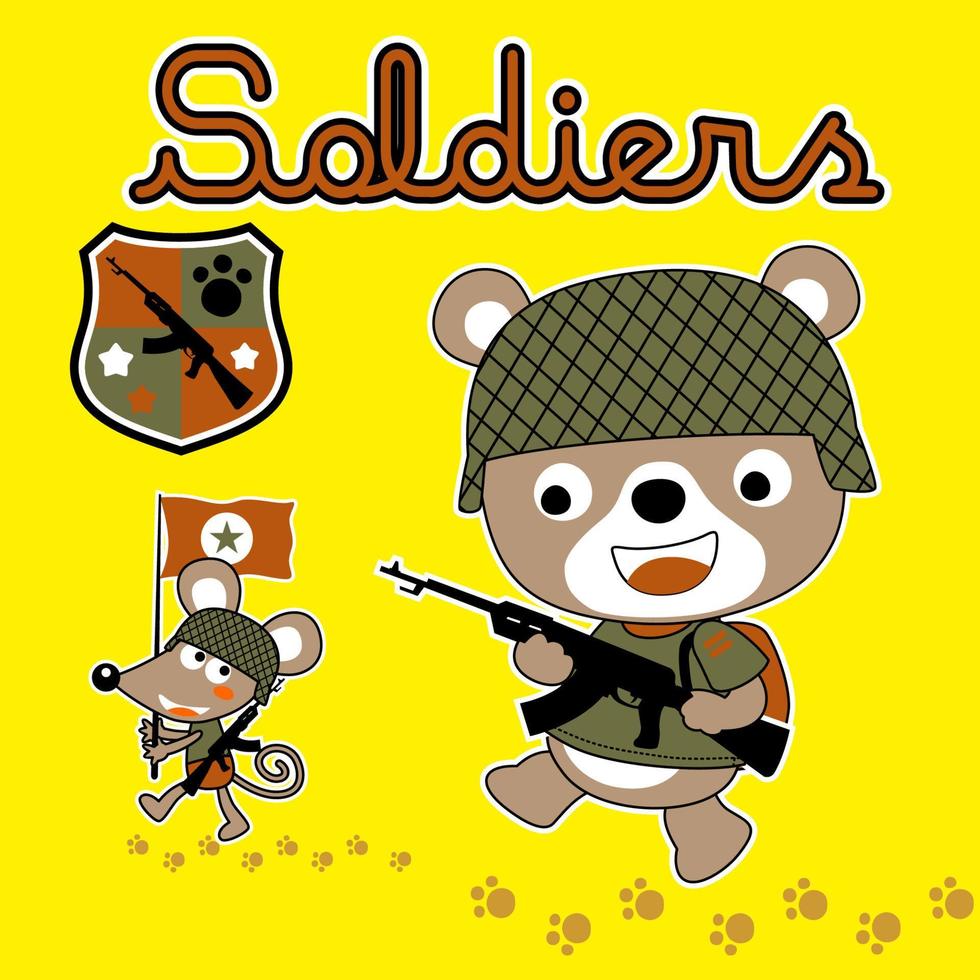 Cute bear and mice in soldier costume with weapon, vector cartoon illustration