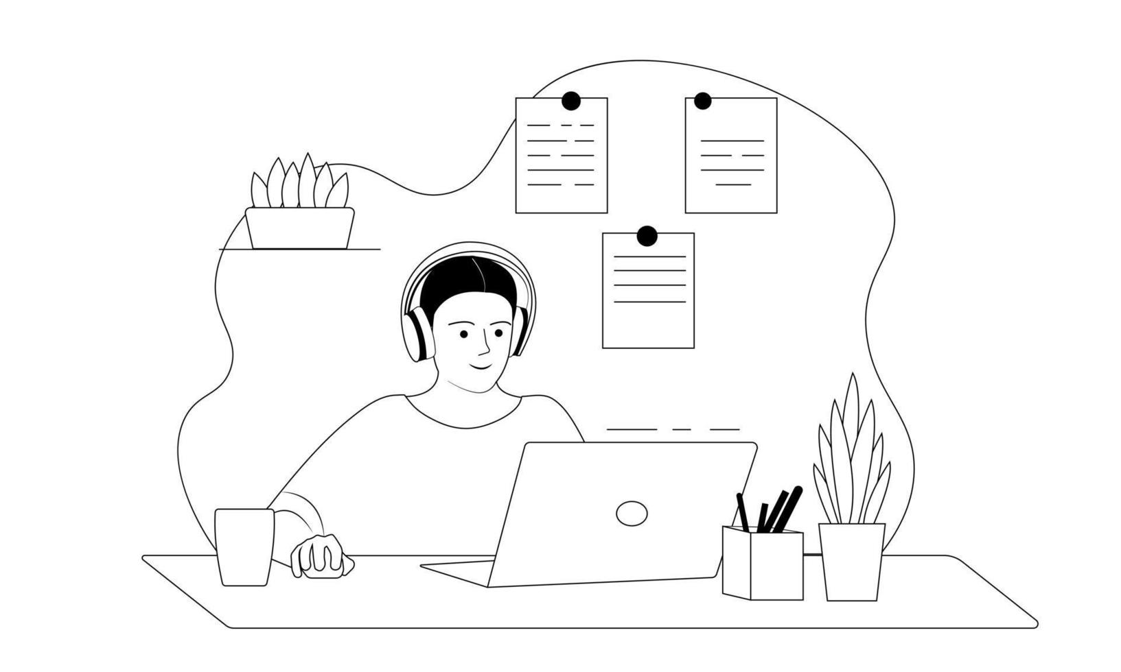 Student Learning Online at Home. Character Sitting at Desk. Online Education Concept. vector