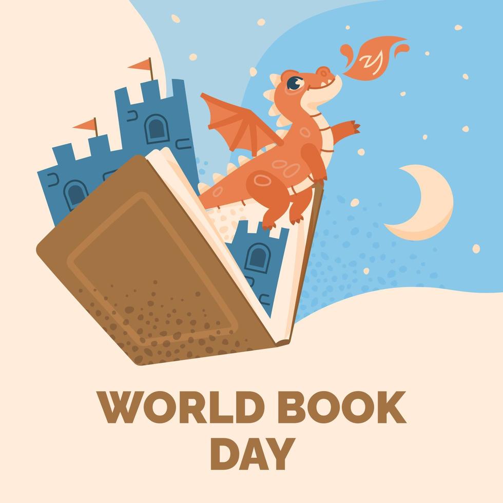 Banner for World Book Day. Open book of fairy tales with dragon and castle. vector
