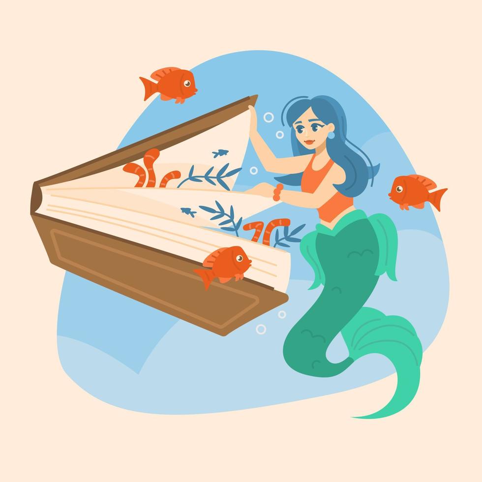 abierto libro de hada cuentos con pequeño sirena vector