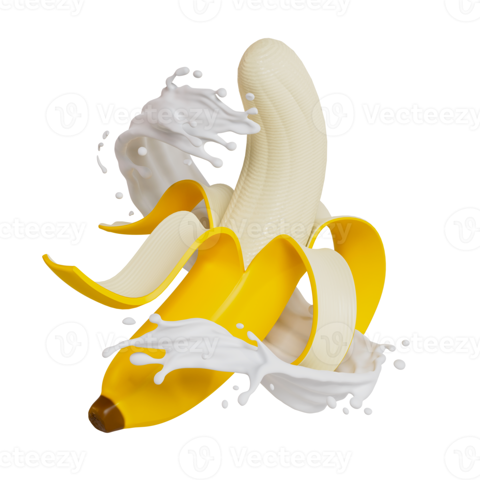 geschält Bananen spritzt Milch isoliert auf Hintergrund. 3d machen Illustration png
