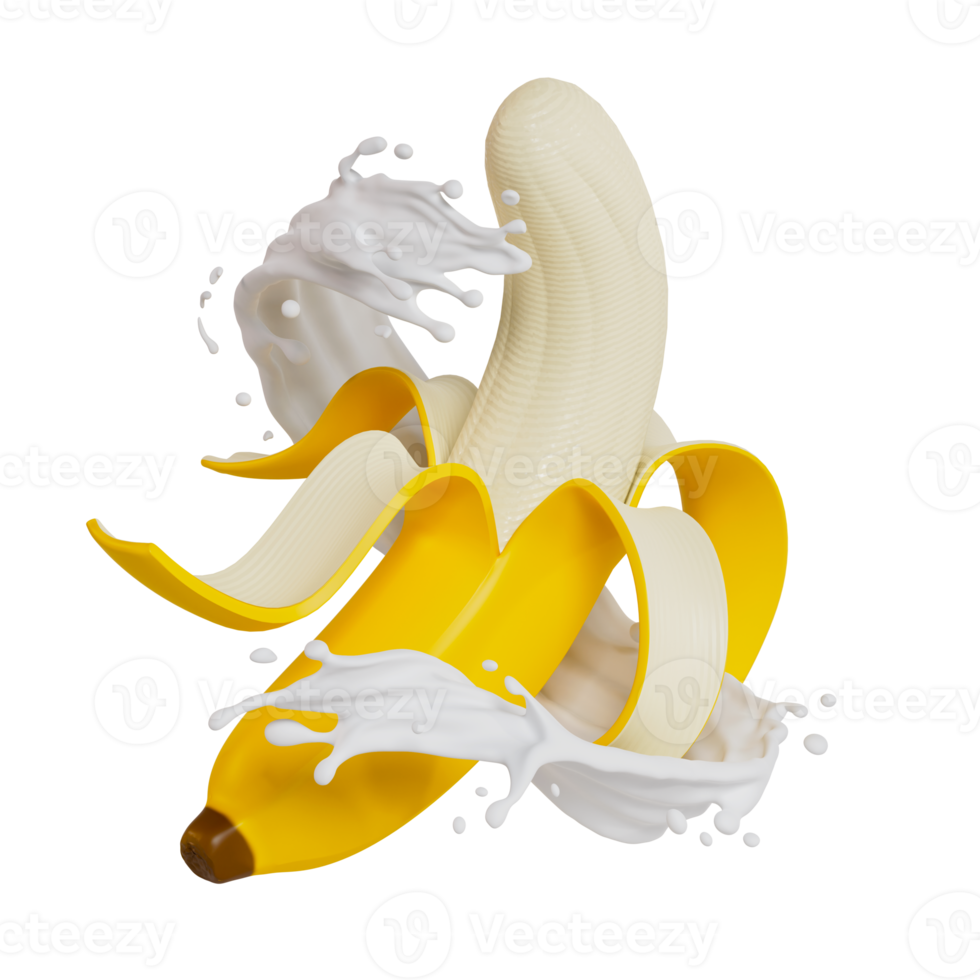 descascado bananas salpicos leite isolado em fundo. 3d render ilustração png