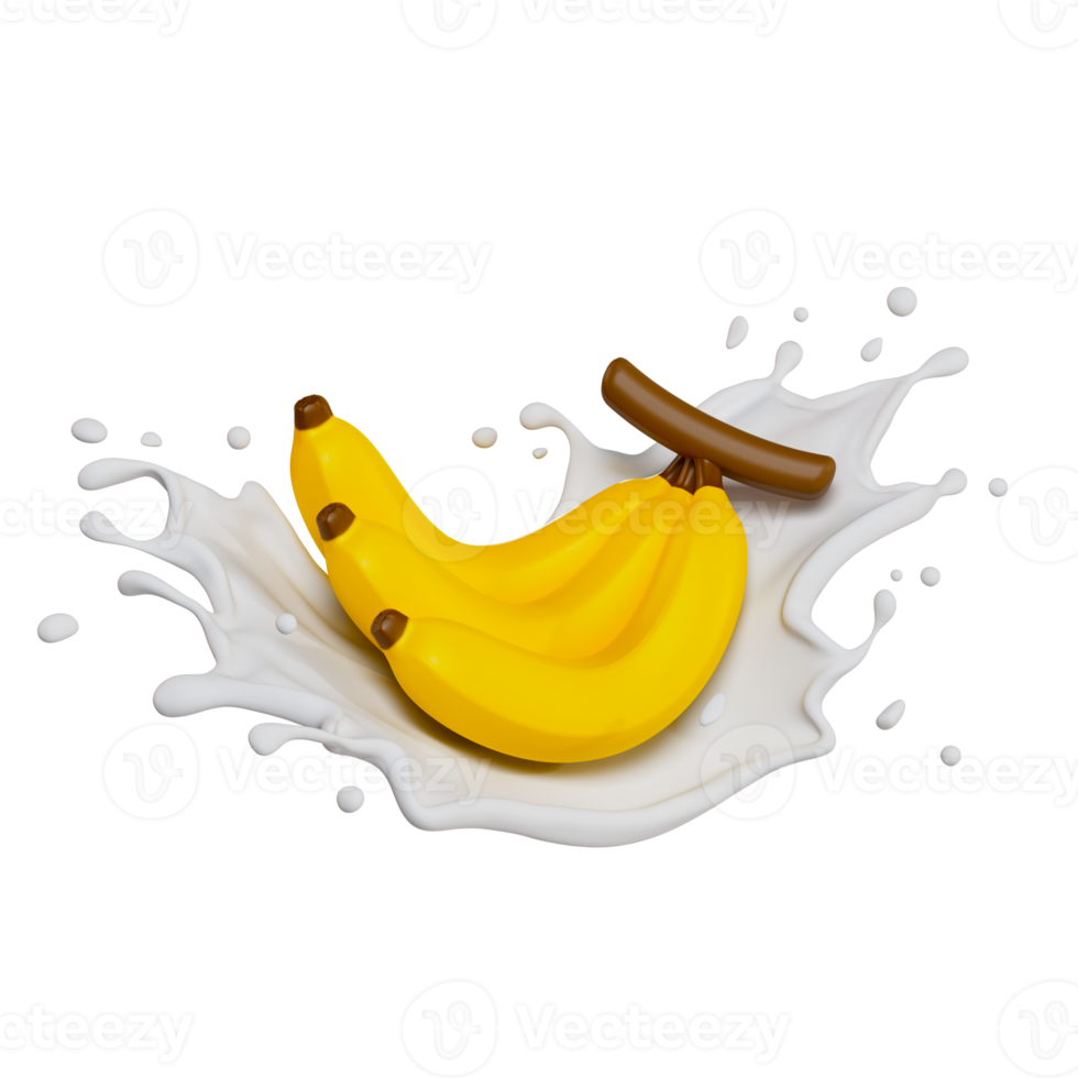 banana bunch milk splashes isolated on background. 3D render illustration png