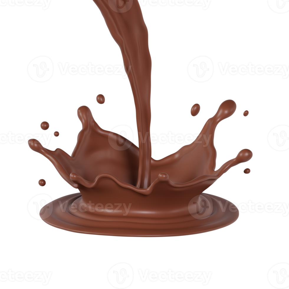 chocolate pouring down and making splashes. 3D render illustration png