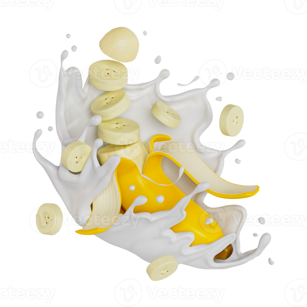 sliced banana splashes milk isolated on background. 3D render illustration png