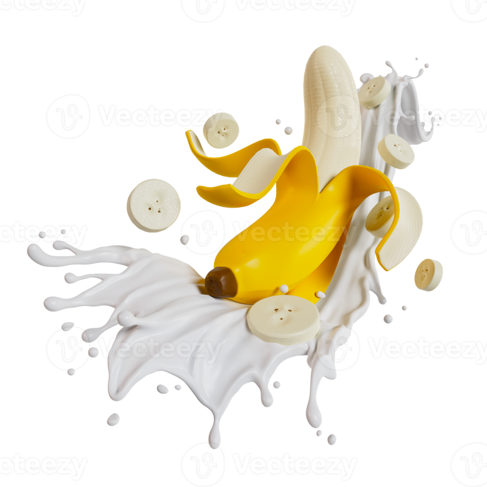 skalad bananer stänk mjölk isolerat på bakgrund. 3d framställa illustration png