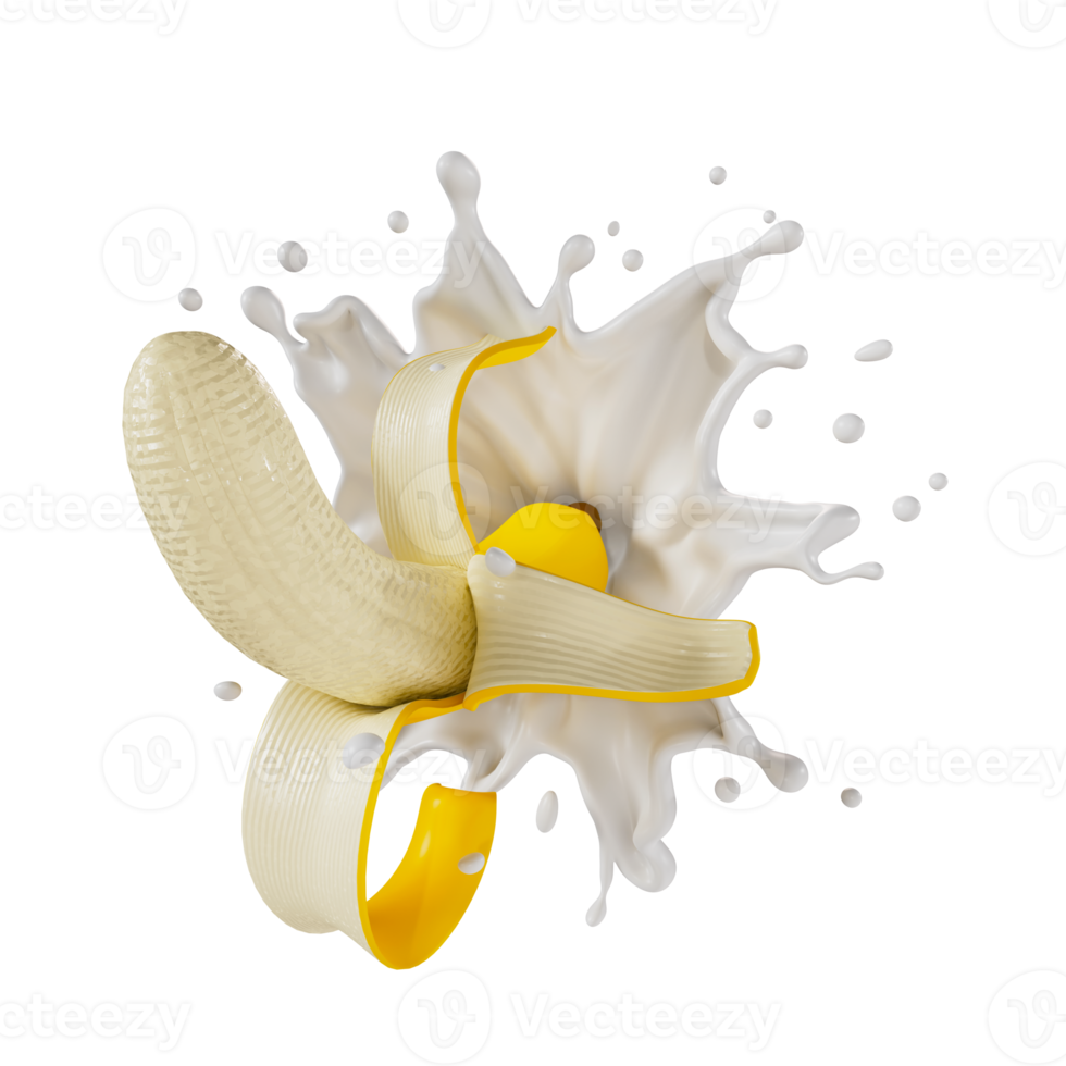 skalad bananer stänk mjölk isolerat på bakgrund. 3d framställa illustration png