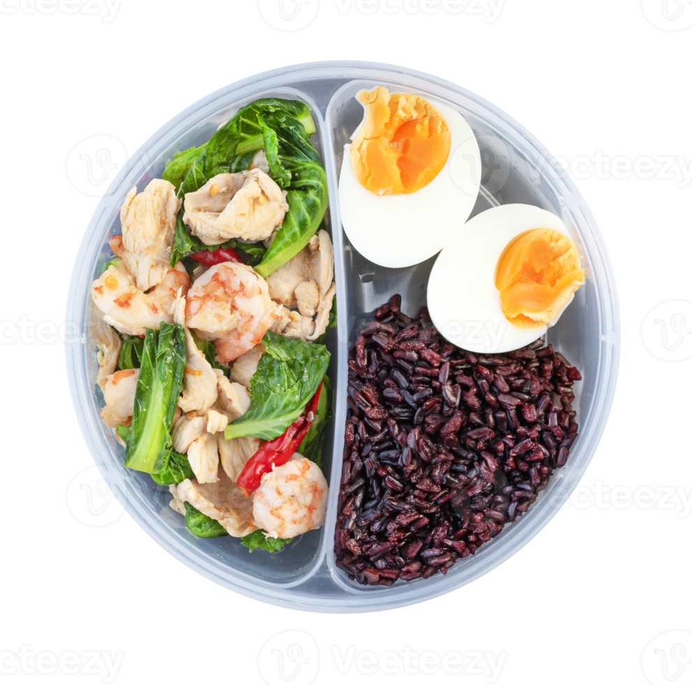 Rice berry ,boiled egg ,stir fried kale with chicken and shrimp in lunch box png