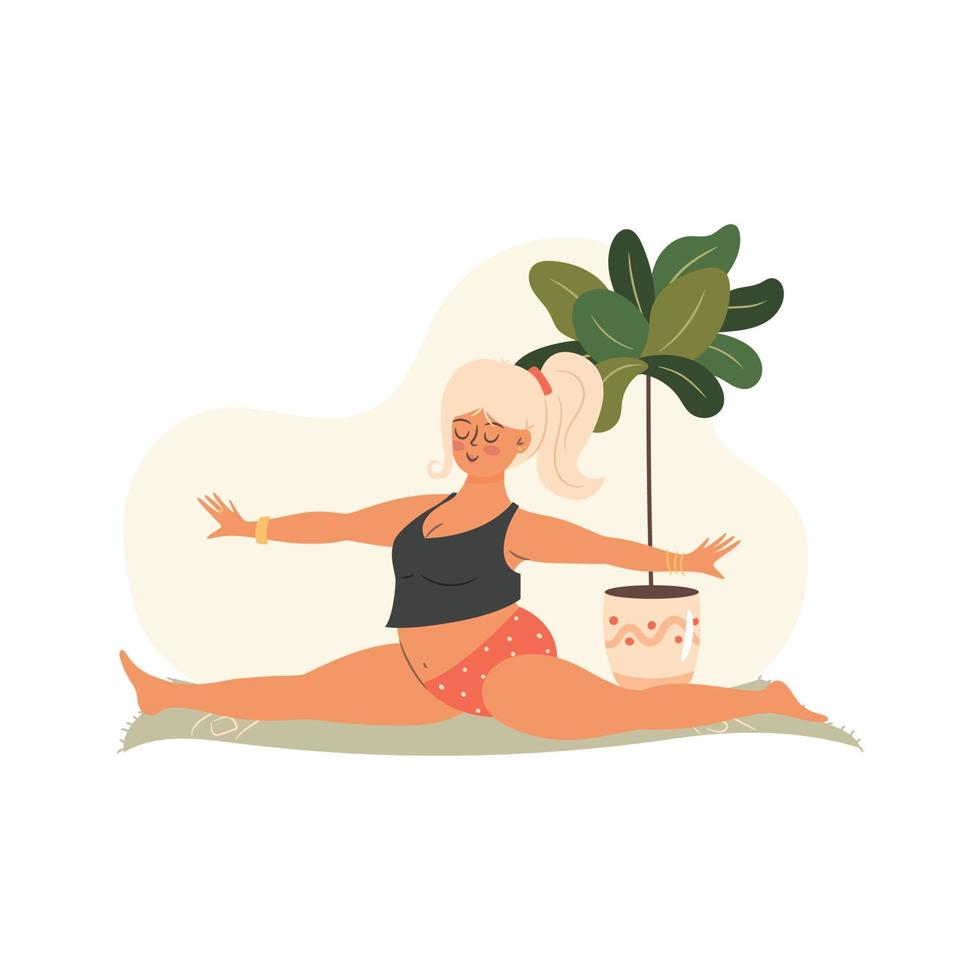 Woman doing yoga at home. Self-time concept. Vector