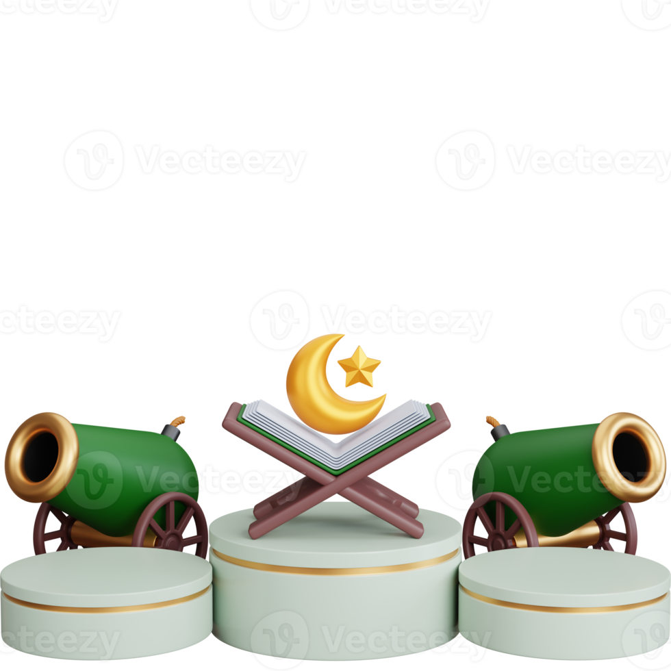 3D Rendering two cannon with islamic books in the middle isolated png