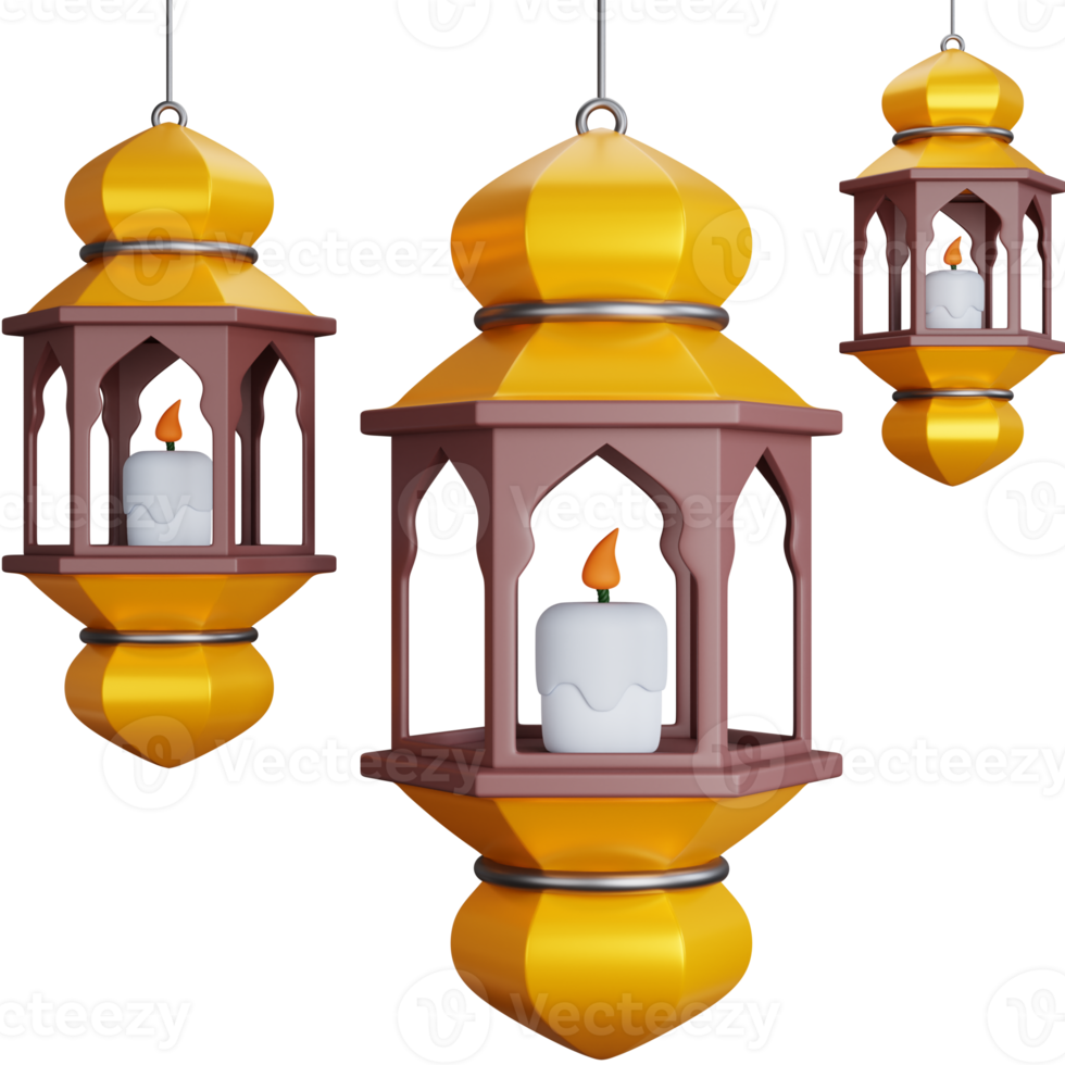 3D Rendering three lamp lanterns ramadan isolated png