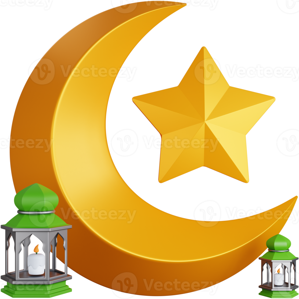 3D Rendering lantern lamp with crescent moon isolated png