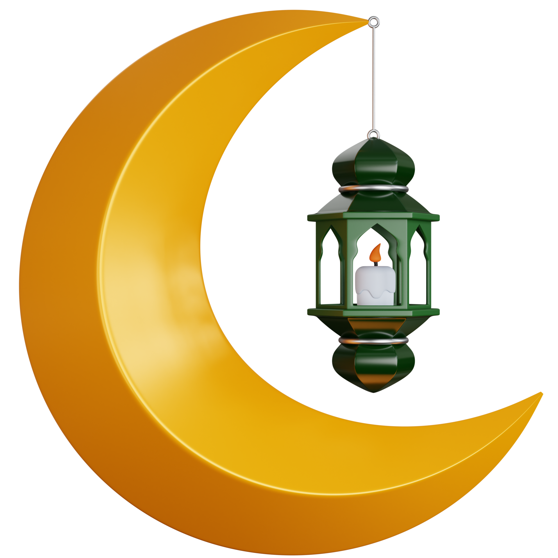 3D Rendering Lantern lights hanging from the crescent moon isolated