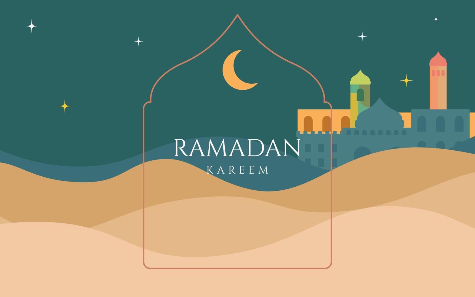 Islamic greetings ramadan kareem card design background with beautiful landscape vector