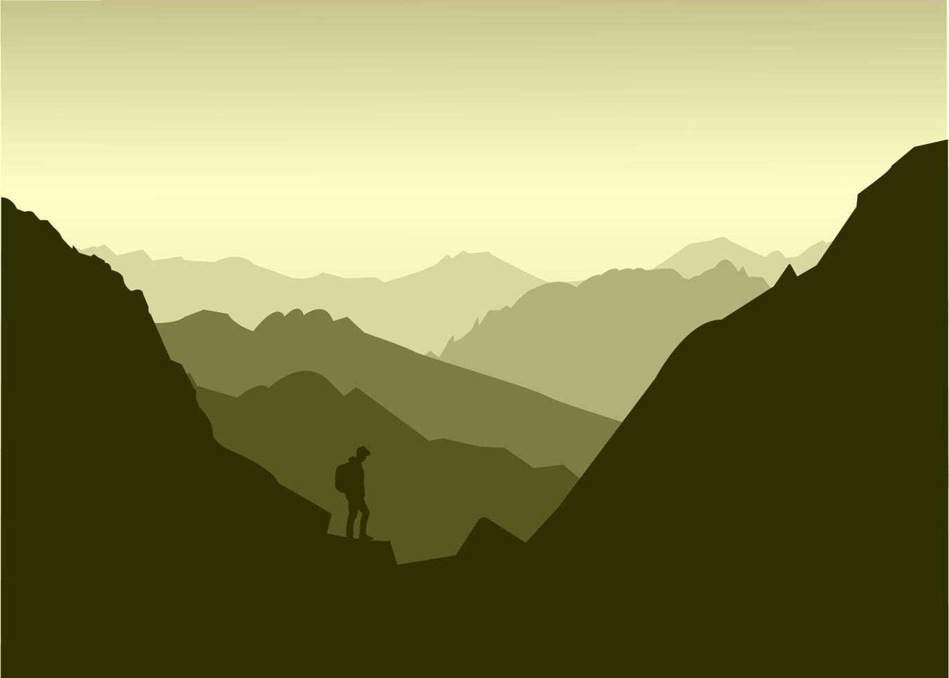 morning silhouettes of mountains on a green background with a tourist vector