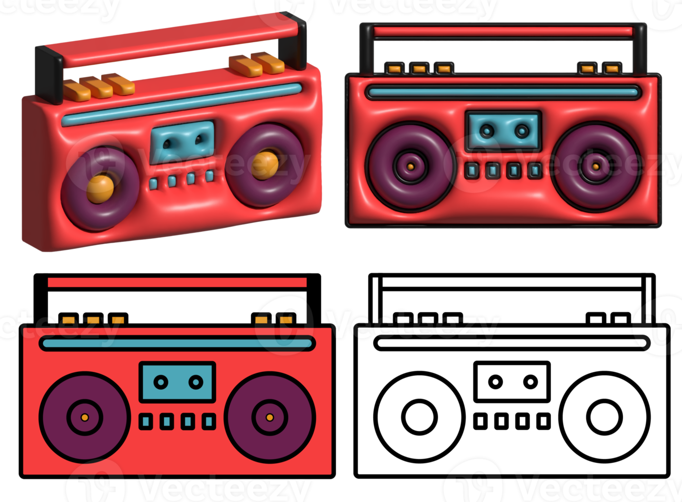 Boombox, music stereo tape recorder with radio. 3d illustration PNG