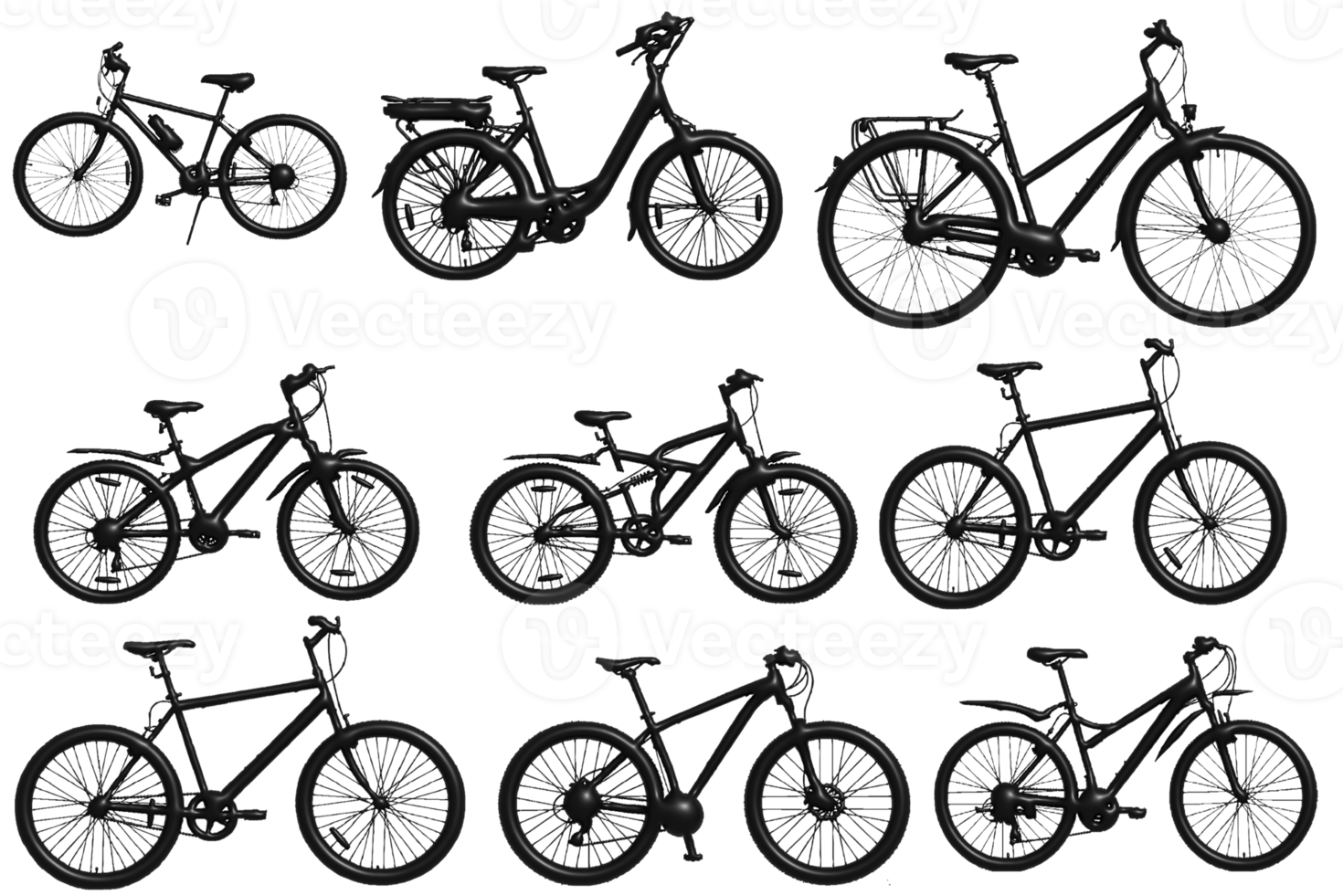 silhouettes of bicycles. bicycle realistic 3d model illustration, environmentally friendly transport. PNG