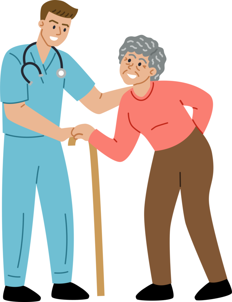 Masculin médecin ou infirmière portion personnes âgées femelle patient qui est en utilisant canne. png