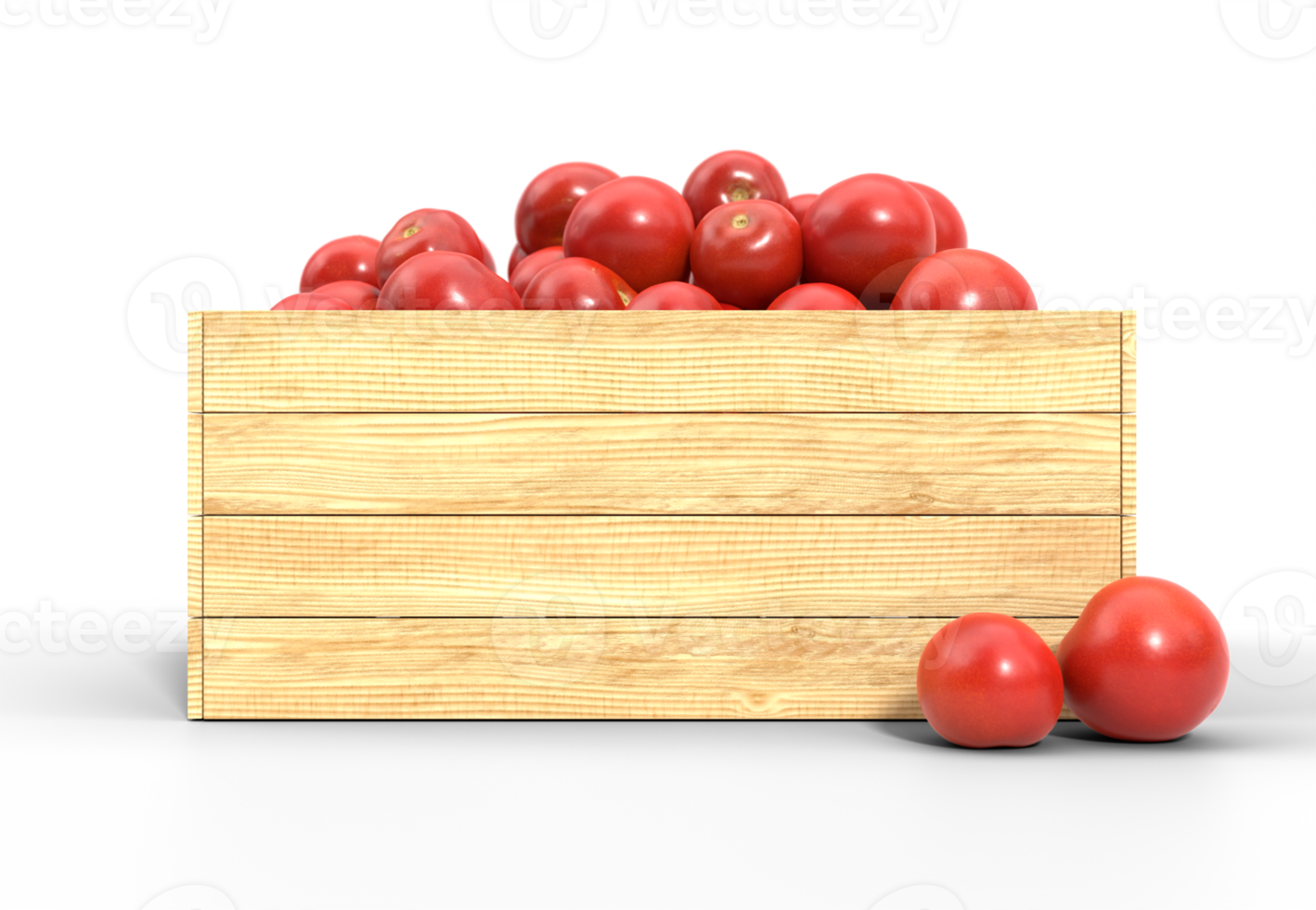 Tomatoes in a wooden crate on transparent background, PNG file