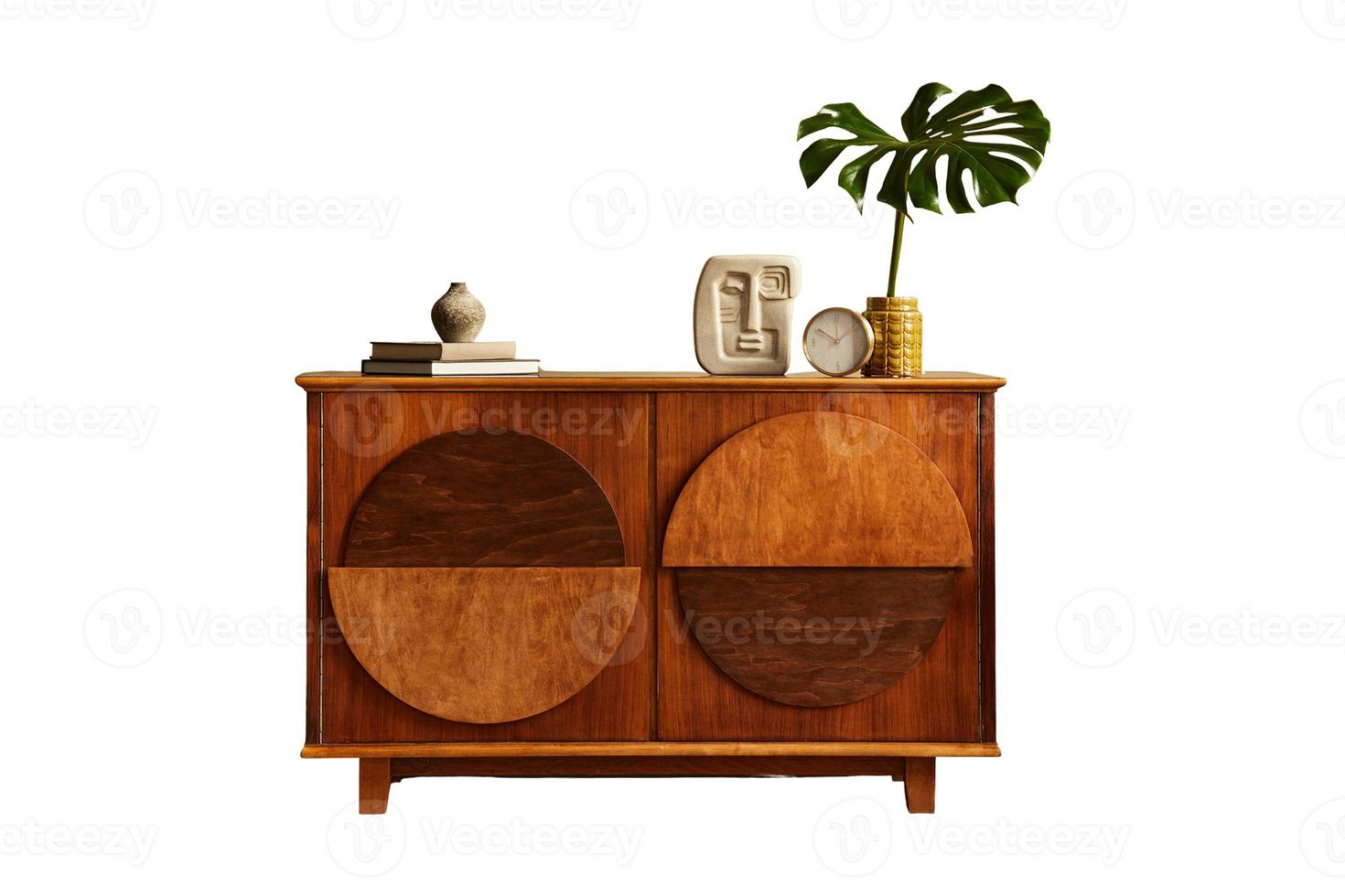 Wooden sideboard with home decorations isolated on a transparent background photo