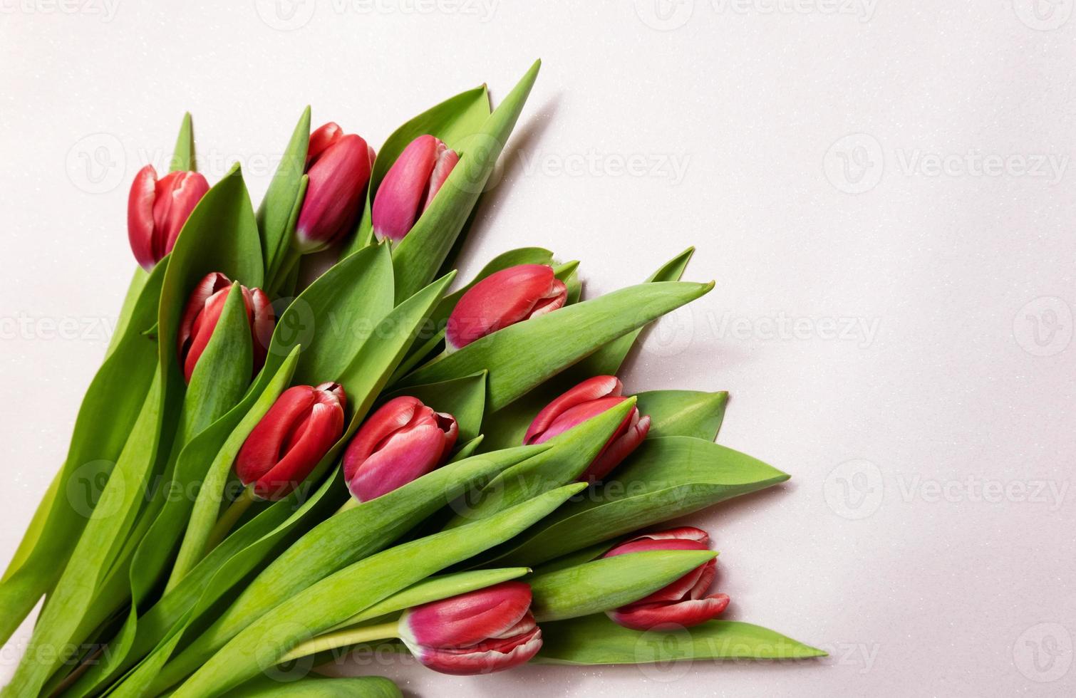 Pink tulip flowers bouquet flatlay on light background, early spring romantic holiday gift top view concept with copy space, Mother's day, St Valentine day design, selective focus, home interior decor photo