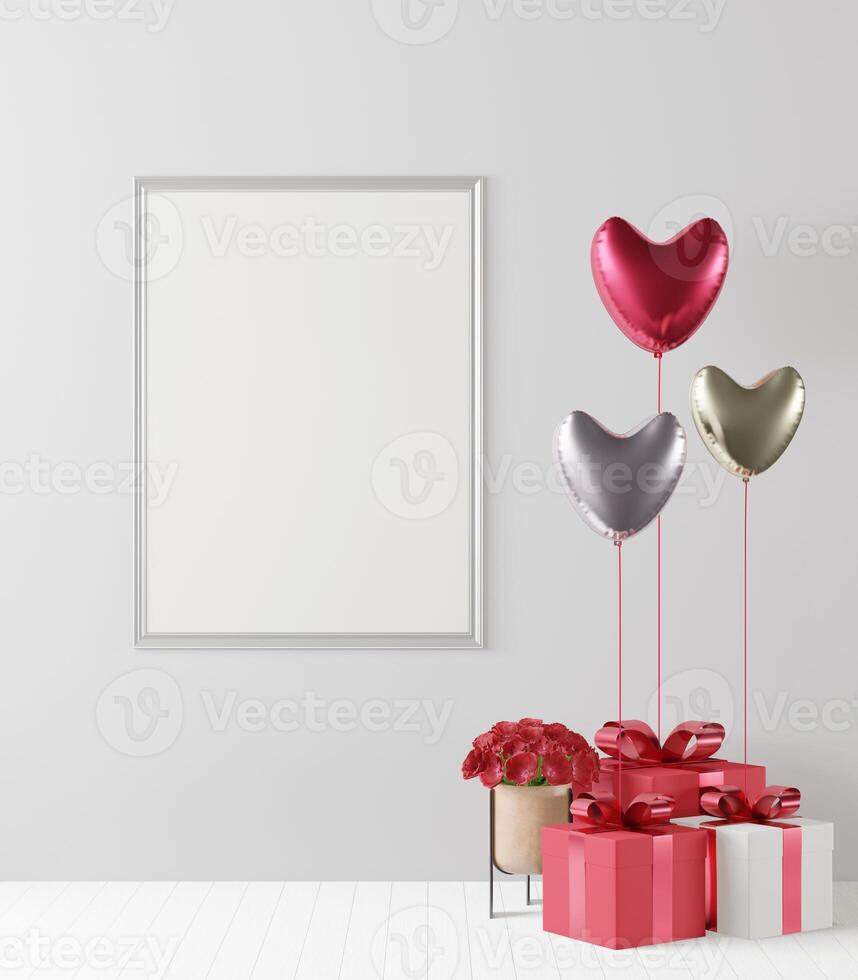 Mock up of poster frame on valentine concept modern interior in living room with love shape balloon photo