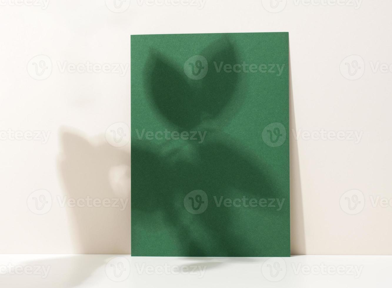 blank cardboard sheet of paper with shadow on white table. Template for flyer, announcement photo