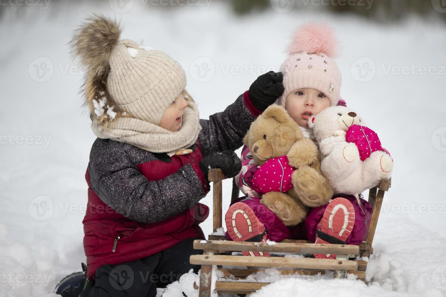 Children ride on a vintage wooden sled against the backdrop of a winter forest. Brother and little sister on a winter walk. photo