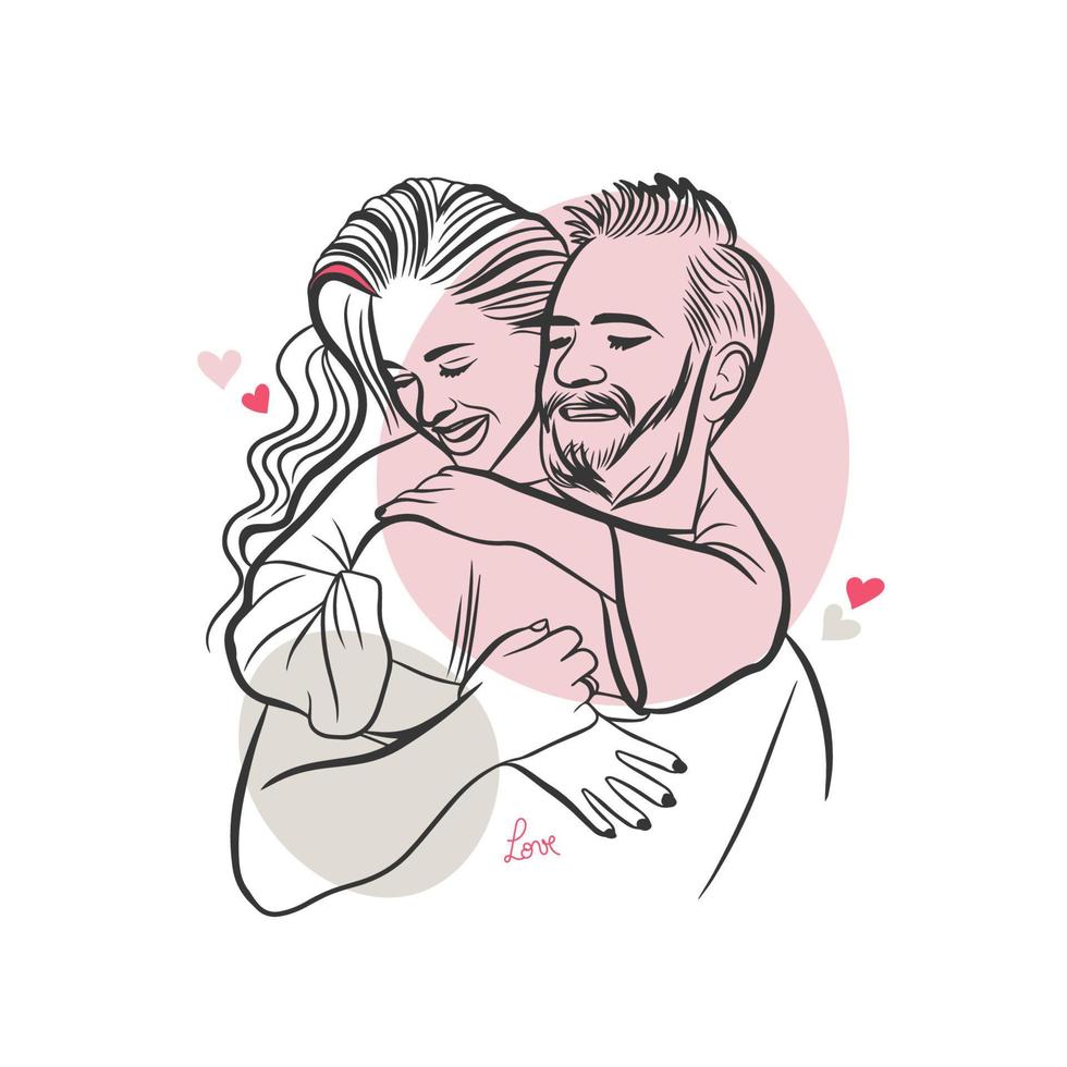 Bearded man and beautiful girl, couple of lovers, hugs, vector illustration, doodle