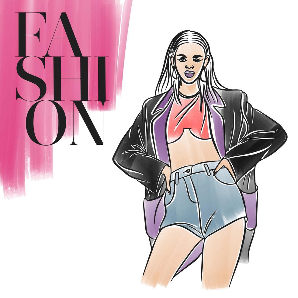 Stylish image of a girl in short shorts, fashion, watercolor, doodle vector