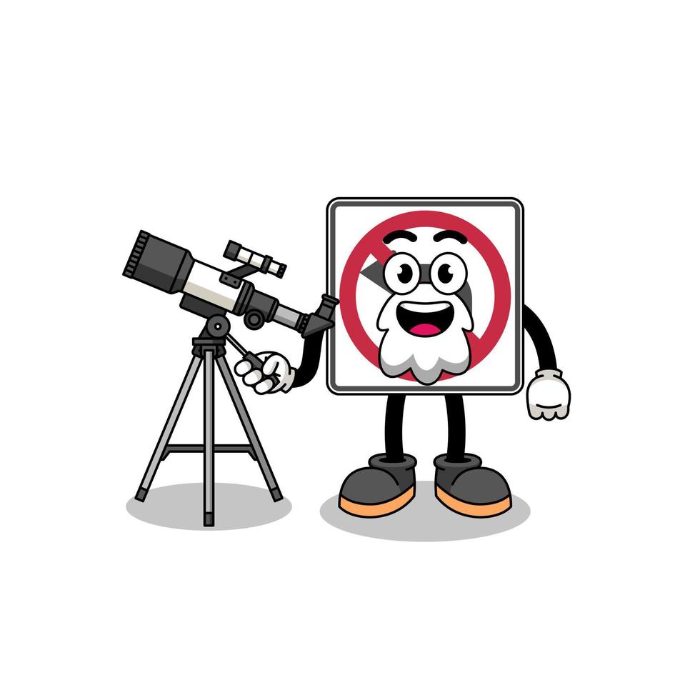 Illustration of no left or U turn road sign mascot as an astronomer vector