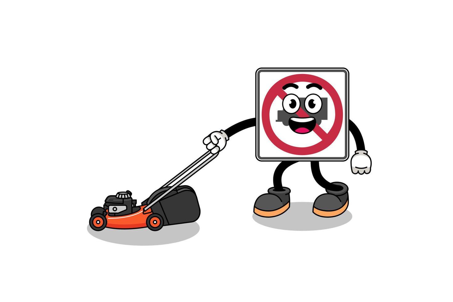 no trucks road sign illustration cartoon holding lawn mower vector