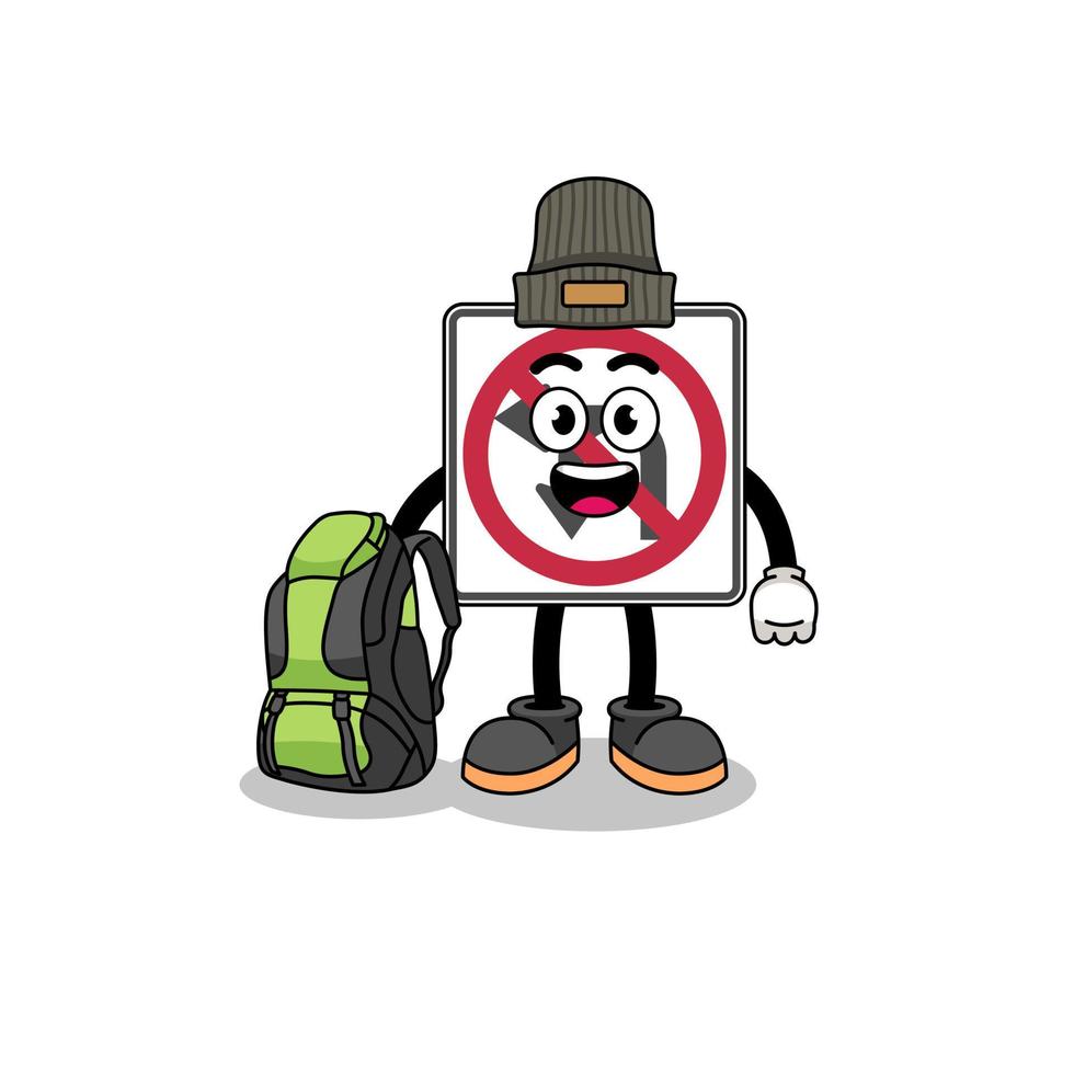 Illustration of no left or U turn road sign mascot as a hiker vector