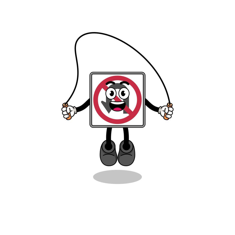 no U turn road sign mascot cartoon is playing skipping rope vector