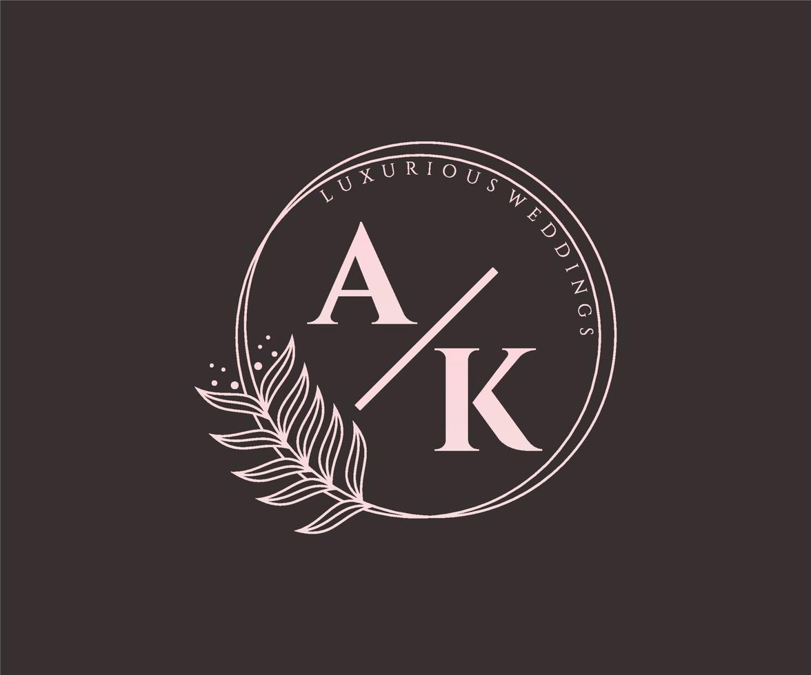 plantilla de logotipos de monograma de boda con letras iniciales ak, plantillas florales y minimalistas modernas dibujadas a mano para tarjetas de invitación, guardar la fecha, identidad elegante. vector