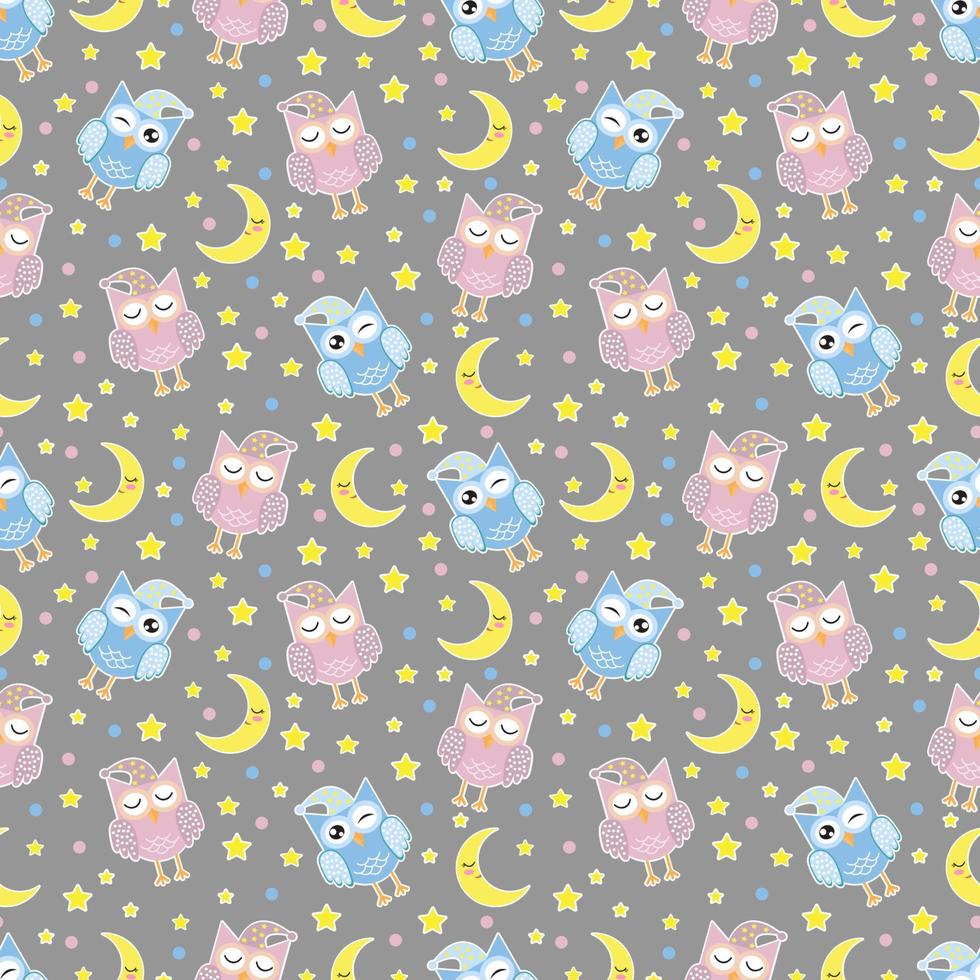 Good Night seamless pattern with cute sleeping owls, moon, stars and clouds. Sweet dreams background. vector