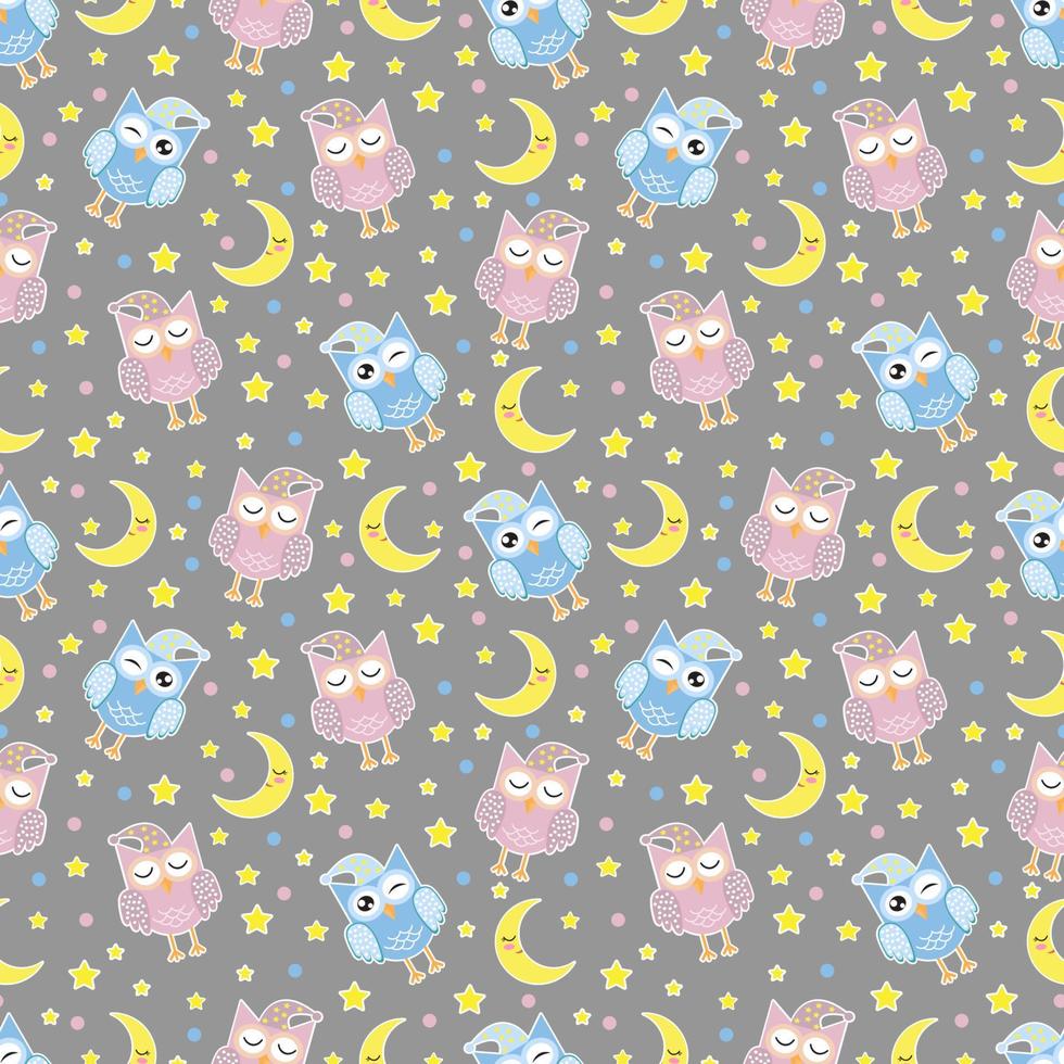 Good Night seamless pattern with cute sleeping owls, moon, stars and clouds. Sweet dreams background. vector