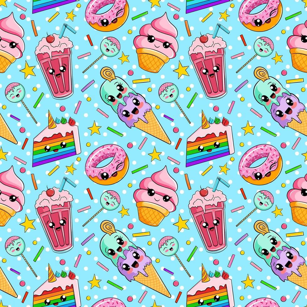 seamless pattern cute food characters.colorful kawaii sweets vector