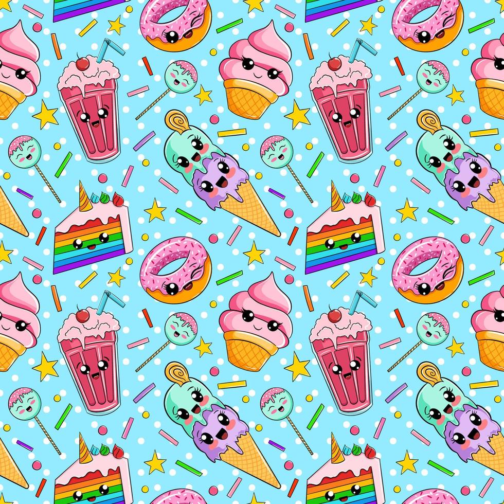 seamless pattern cute food characters.colorful kawaii sweets vector