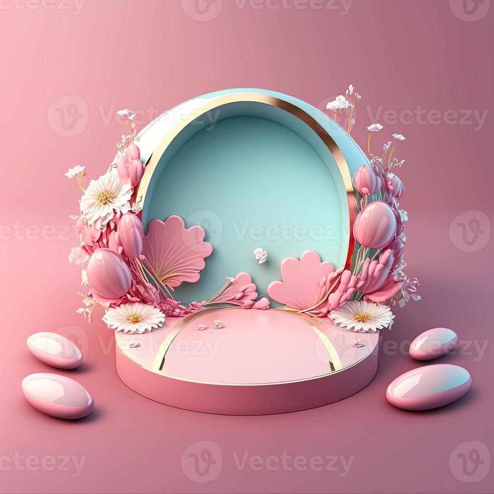 3D Pink Illustration Podium Decorated with Shiny Eggs and Flowers for Easter Day photo