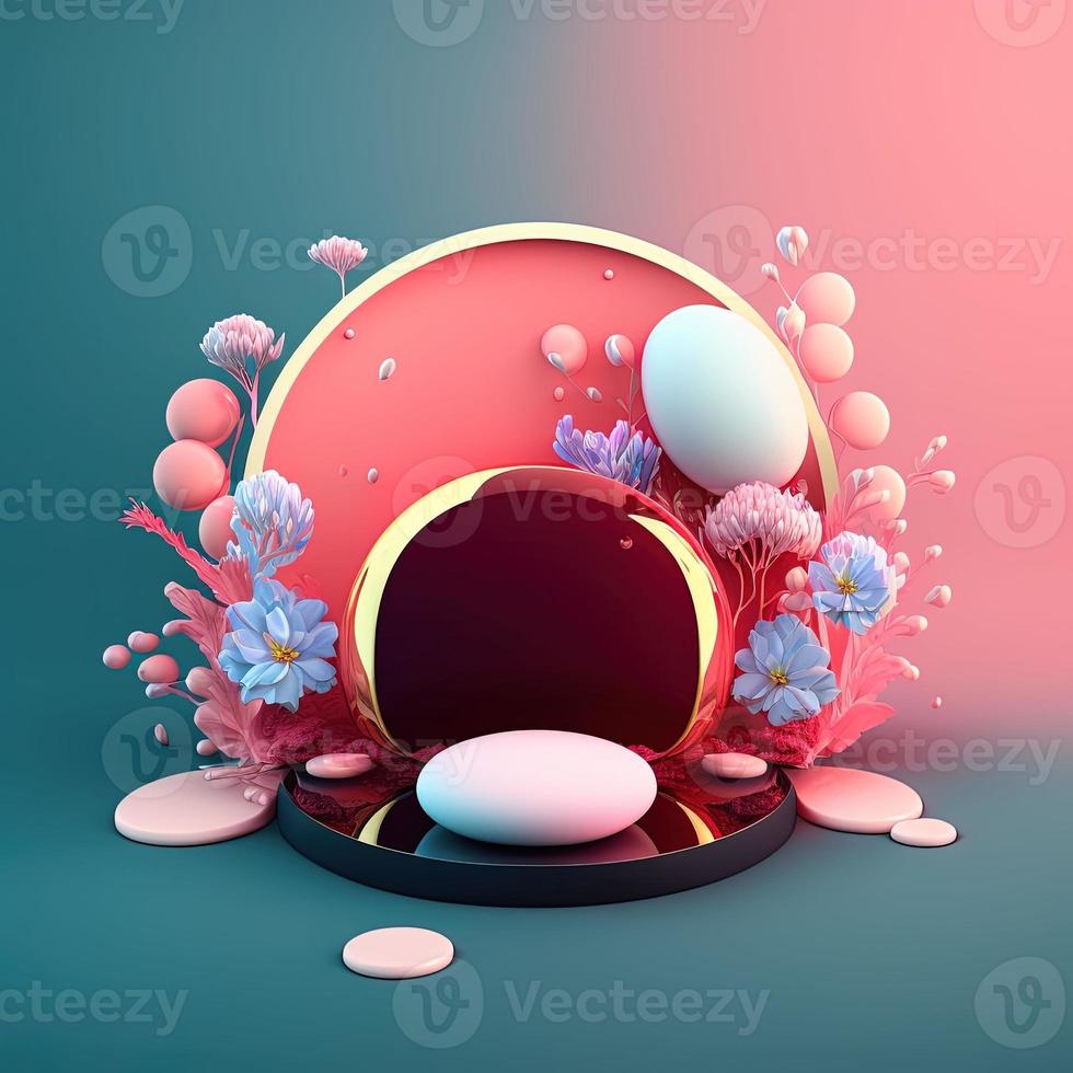 3D Pink Illustration Podium Decorated with Shiny Eggs and Flowers for Product Display Easter Holiday photo