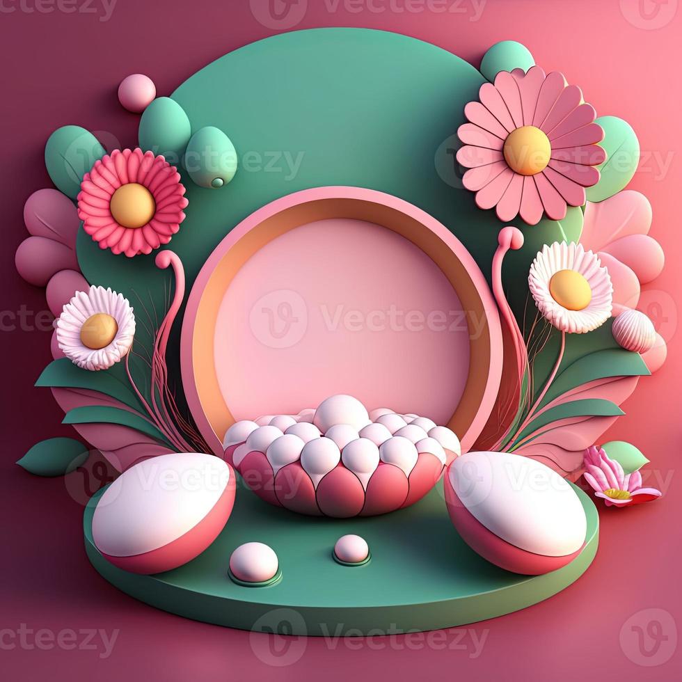 3d rosado podio decorado con huevos y flores para Pascua de Resurrección fiesta foto