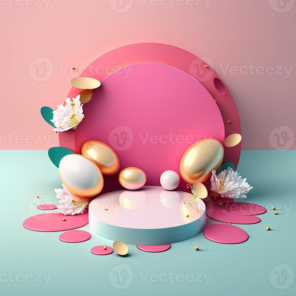 Pink Podium Decorated with Eggs and Flowers for Product Stand Easter Holiday photo
