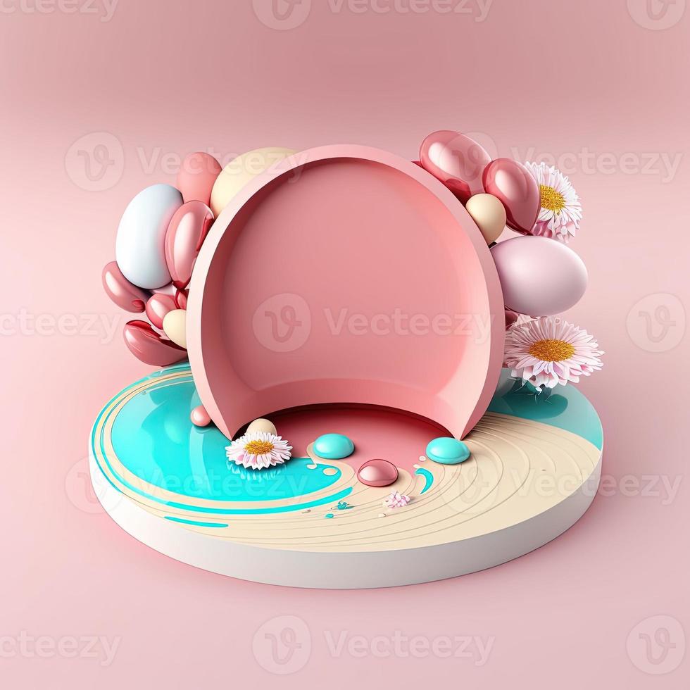 Pink Podium Decorated with Eggs and Flowers for Easter Holiday photo