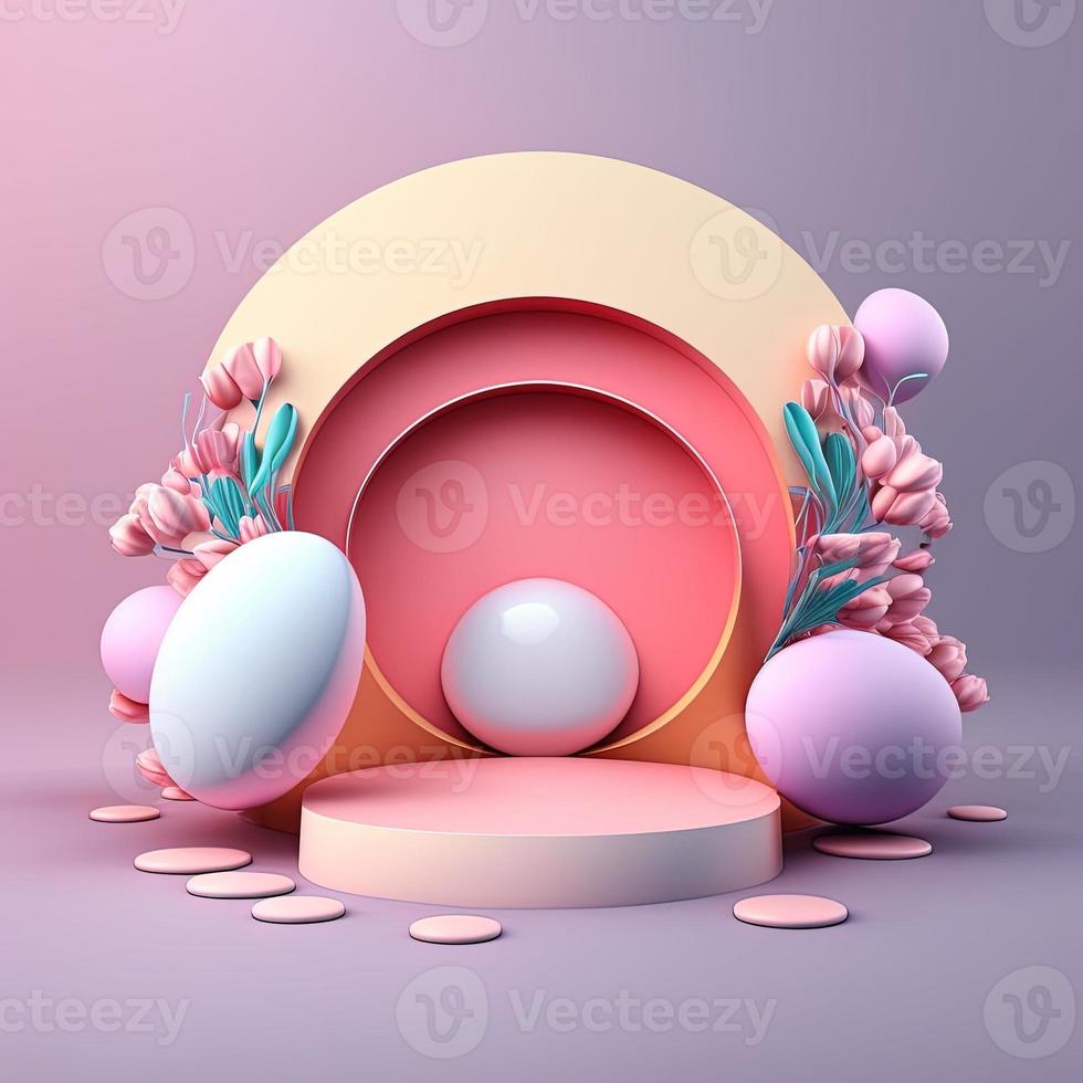 Pink Podium Decorated with Shiny Eggs and Flowers for Product Stand Easter Holiday photo